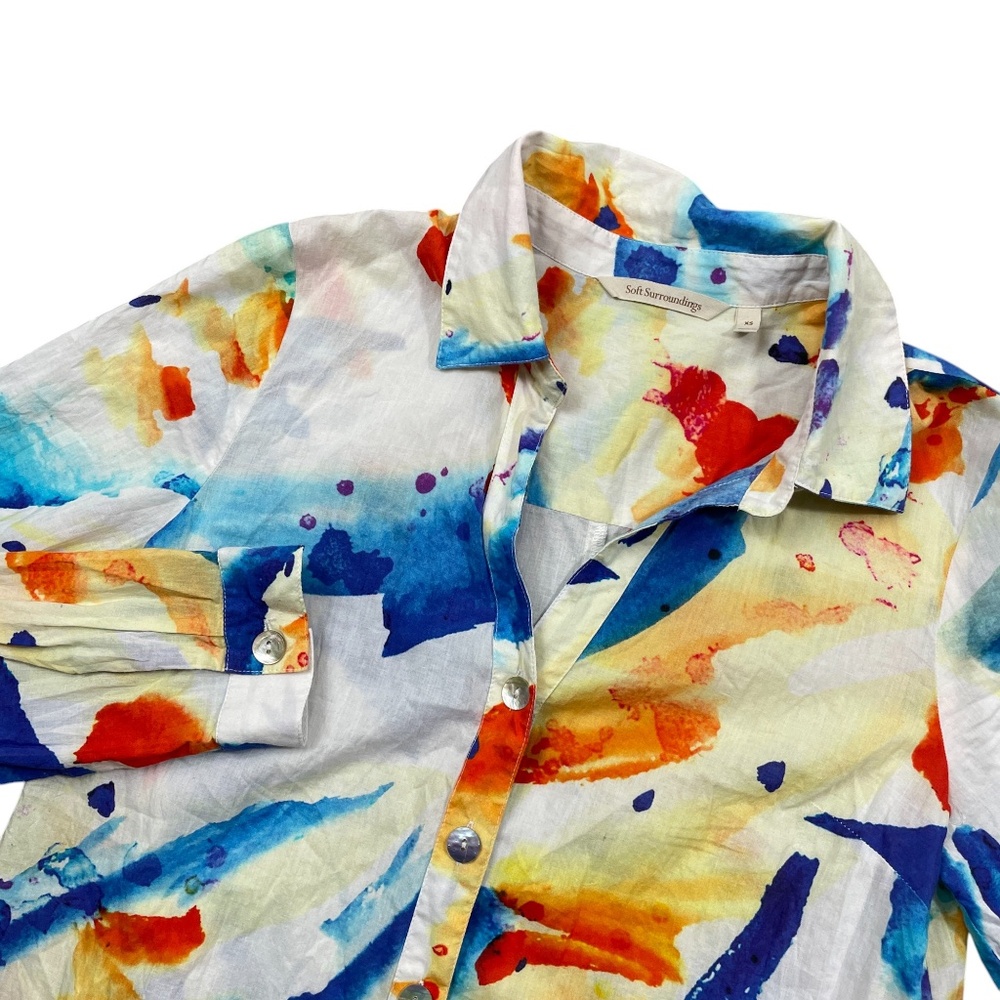 Soft Surroundings  XS Floral Tie Die Button Up‎ Collard Blouse Pockets - Picture 2 of 5